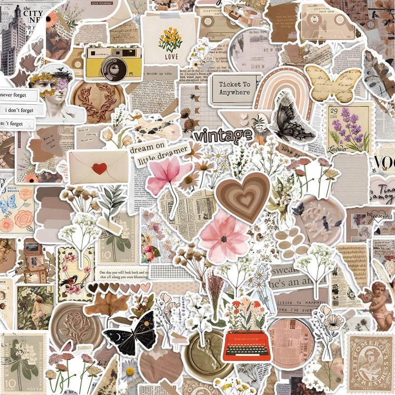 ANUWKS 120Pcs Mixed Vintage Stickers, Waterproof Scrapbook Aesthetic Sticker for Daily Planner, Water Bottles, Handbook Junk Journal Stickers, Scrapbooking Journaling Supplies for DIY Paper Crafts - Image 1