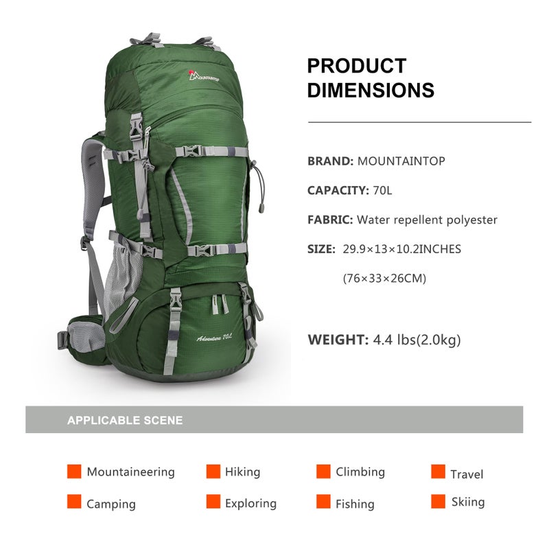 MOUNTAINTOP 70L Trekking Backpack Inner Frame Backpack Hiking Backpack Men Women Backpacking Backpack with Rain Cover Camping Travel (Dark Green) - Image 2