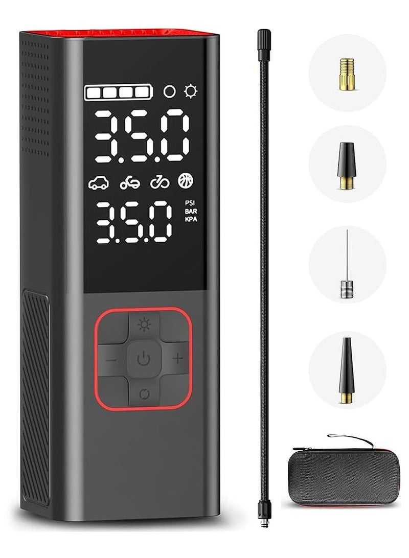 بيتشو منفاخ إطارات صغير محمول بضاغط هواء مع ضوء LED وشاشة رقمية للسيارة والدراجة والدراجة النارية والكرة والدراجة والبالون، أسود - Image 1