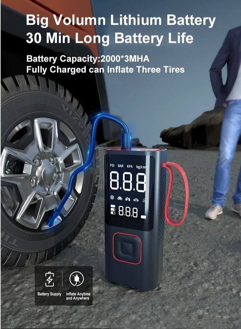 بيتشو منفاخ إطارات صغير محمول بضاغط هواء مع ضوء LED وشاشة رقمية للسيارة والدراجة والدراجة النارية والكرة والدراجة والبالون، أسود - Image 3