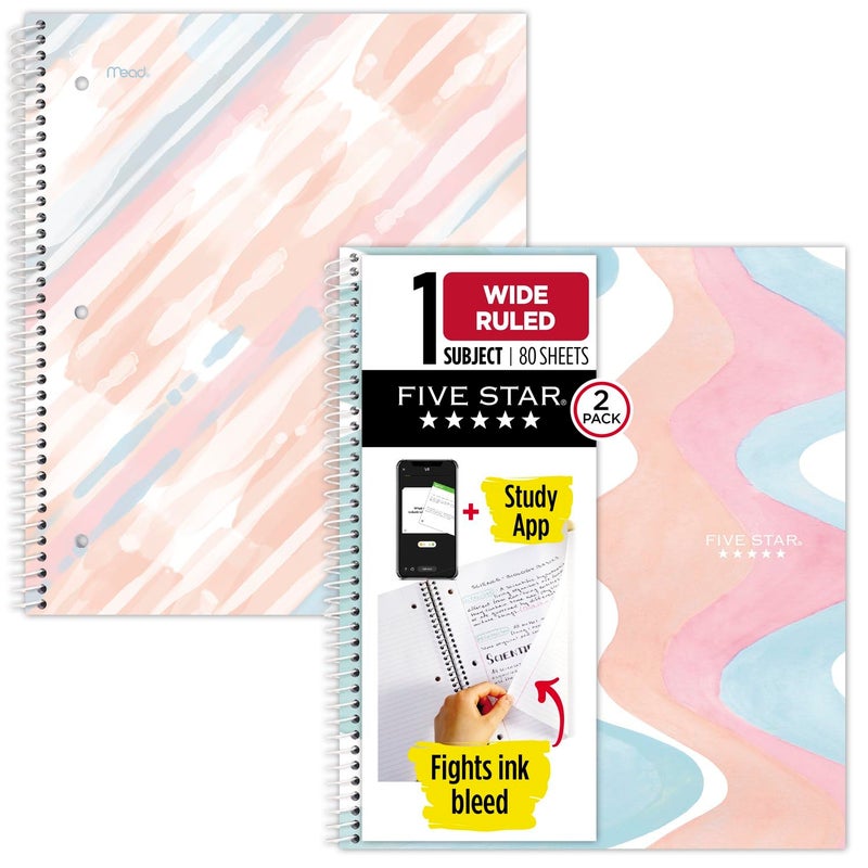 Five Star Spiral Notebooks + Study App, 2 Pack, 1 Subject, Wide Ruled Paper, 10-1/2" x 8", Brushy Move (930060FA-RSP) - Image 1