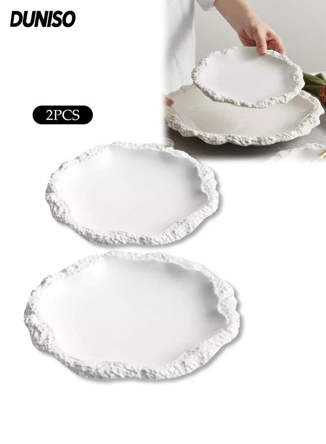 DUNISO Ceramic Dinner Plates Set of 2,Rock Texture Plate,Irregular Rim Ceramic Serving Dish,8" Small and 10" Large,Suitable for Home Restaurant Utensils, Wedding Decor Placemats (White) - Image 1