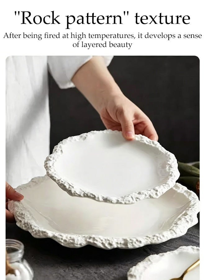 DUNISO Ceramic Dinner Plates Set of 2,Rock Texture Plate,Irregular Rim Ceramic Serving Dish,8" Small and 10" Large,Suitable for Home Restaurant Utensils, Wedding Decor Placemats (White) - Image 5