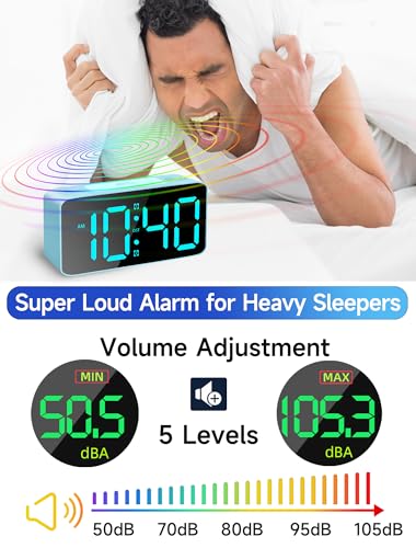 Cadmos Loud Alarm Clock for Heavy Sleepers Adults,Digital Clock with 7 Color NightLight,Adjustable Volume,USB Charger,Small Clocks for Bedrooms Bedside,ok to Wake for Kids,Teens (Blue+RGB) - Image 5