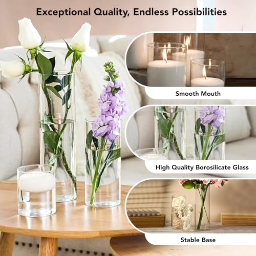 Ekhasa Nostrae by Ekhasa Cylindrical Glass Vase Set | Transparent Flower Vases for Home Decor & Water Plants | Candle Holder | Glass Jar for Indoor Money Plants, Etc. (Set of 3-8,6,4 Inch) - Image 4