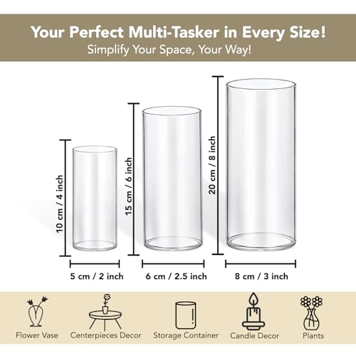 Ekhasa Nostrae by Ekhasa Cylindrical Glass Vase Set | Transparent Flower Vases for Home Decor & Water Plants | Candle Holder | Glass Jar for Indoor Money Plants, Etc. (Set of 3-8,6,4 Inch) - Image 3