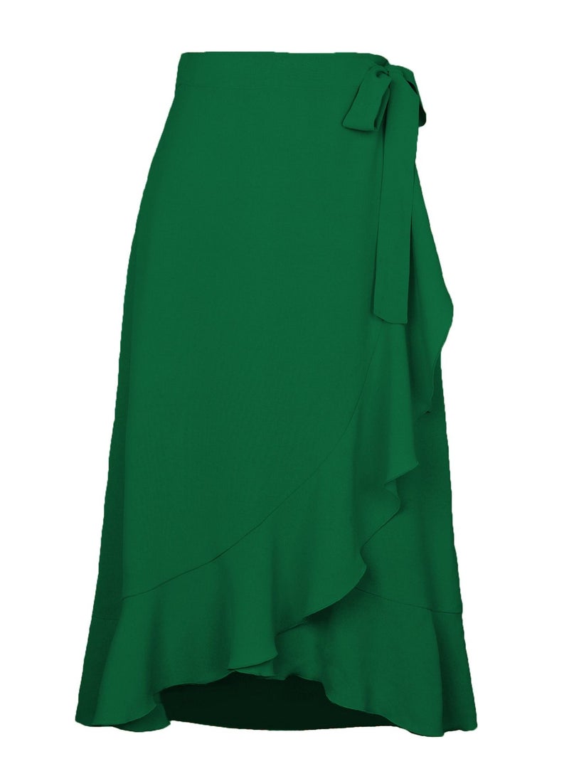Loquat Women's Solid Color Ruffle Wrap Skirt Tie Waist Boho High Low Asymmetrical Midi Skirt Olive Green  - Image 2