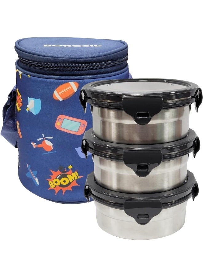 Borosil BlueBlaze Stainless Steel Lunch Box, Set of 3 Containers with Lunch Bag Blue Blaze - Image 1