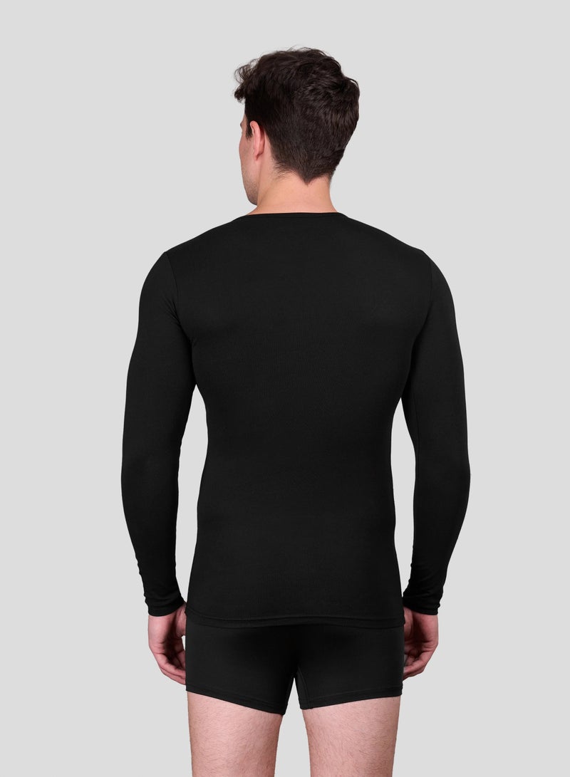 Dice Men's Long Sleeve Cotton Lycra Undershirt Slim Fit, Thermal Base Layer for Everyday - Black - Image 2