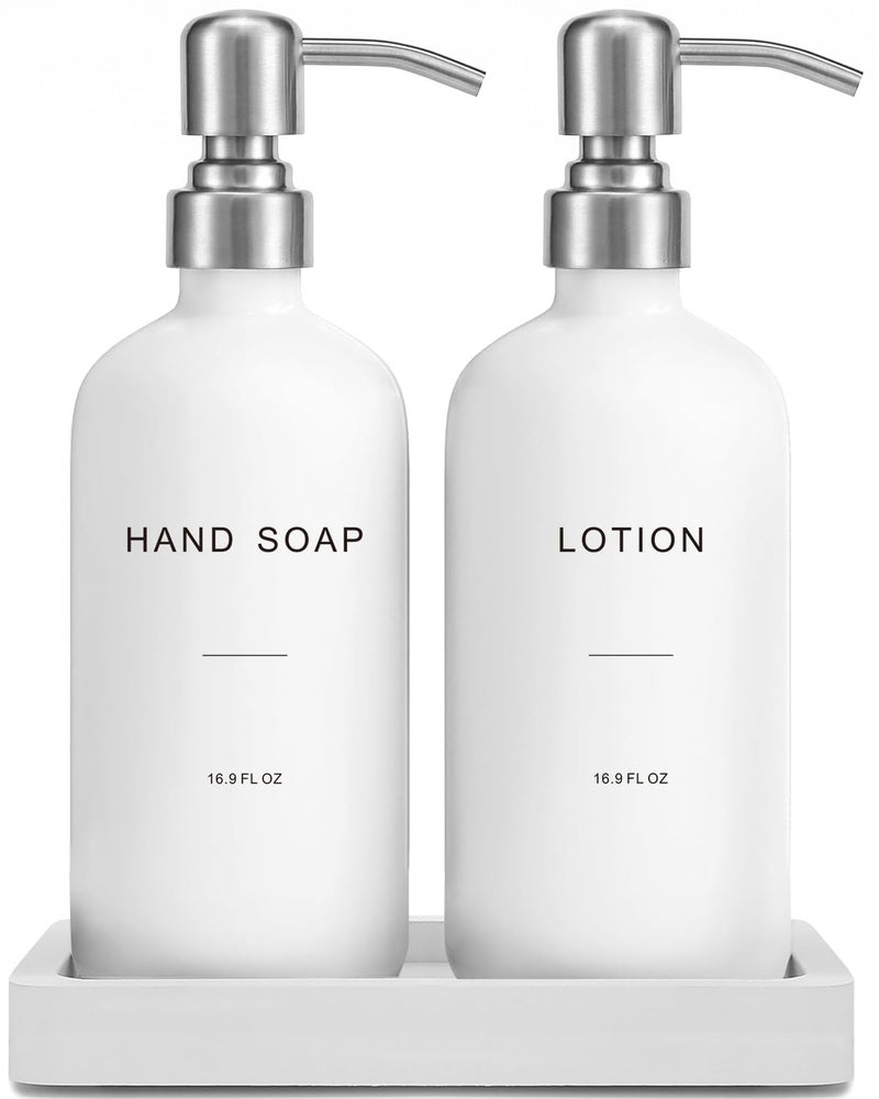 Prus Waso White Soap Dispenser Bathroom Set, Hand and Lotion Dispenser with Pump, Perfect for Bathroom Essentials for New Home. (Silver & White) - Image 1