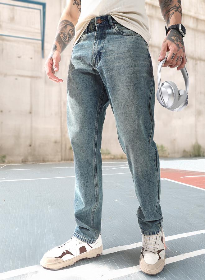 Hubberholme Men's Indigo 100% Cotton Washed Full Length Straight Fit Jeans - Image 2