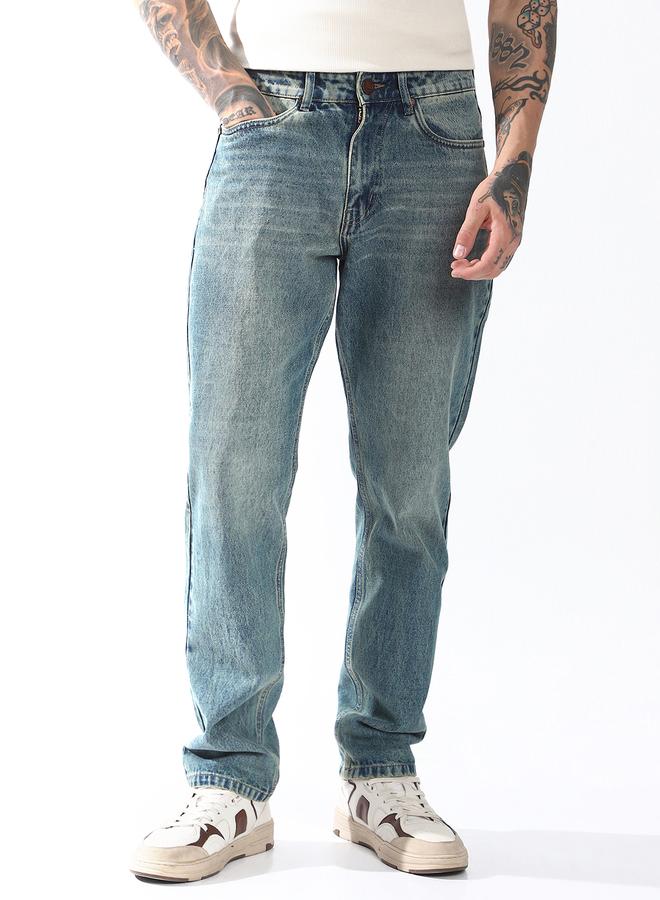 Hubberholme Men's Indigo 100% Cotton Washed Full Length Straight Fit Jeans - Image 3
