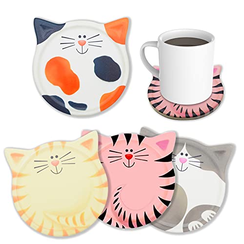 AIPNUN Funny Cat Themed Absorbent Ceramic Drink Coasters, for Cat Lovers, Decor, Birthday, Christmas, Housewarming - Image 1