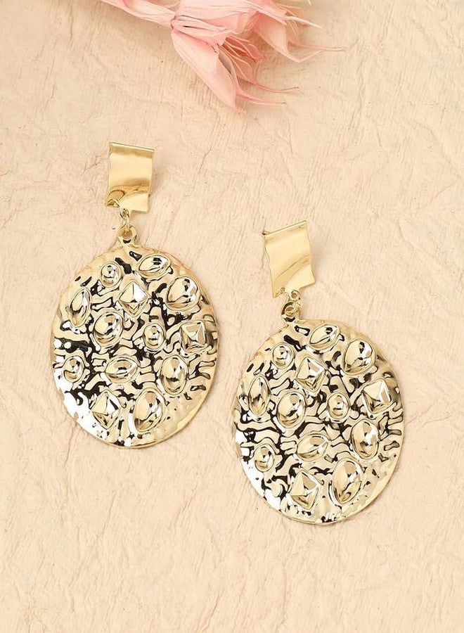 SOHI Women's Dented Circular Drop Earrings For Casual Wear | Gold Colour | Alloy Material | Push Pin Closure | - Image 2