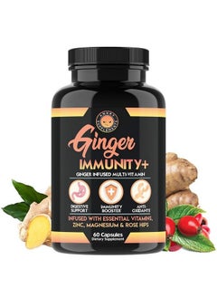 Ginger Immunity Ginger Infused Multivitamin Digestive Support Immune System Booster Capsules Infused With Zinc Magnesium Rose Hips + Vitamins C B6 D3 (1Bottle)