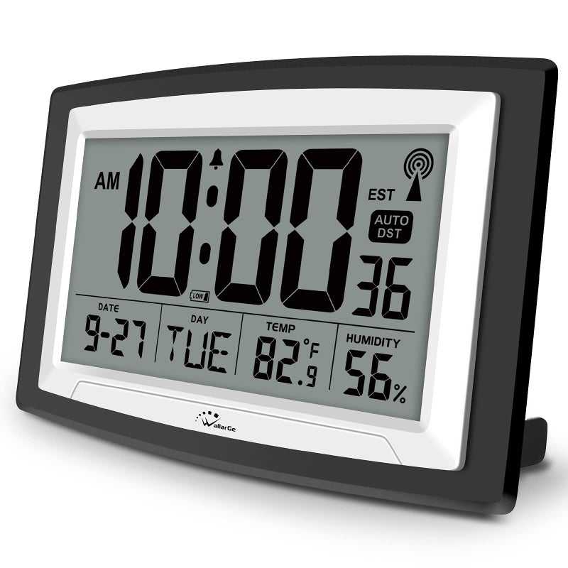 WallarGe Atomic Clock with Indoor Temperature and Humidity 125 Inch SelfSetting Digital Wall Clock or Desk Clock Battery Operated Digital Clock Large Display for Seniors Auto DST