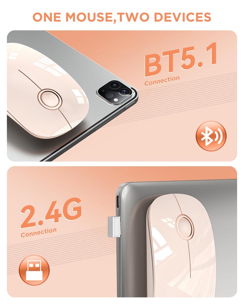 RAPIQUE Bluetooth Wireless Mouse - (BT5.1+USB) Slim Dual Mode Computer Mice with Quiet Click, Low Power, and 1600 DPI, Portable Cordless Mouse for MacBook, Laptop, iPad Pro/Air, Tablet (Pink) - Image 2