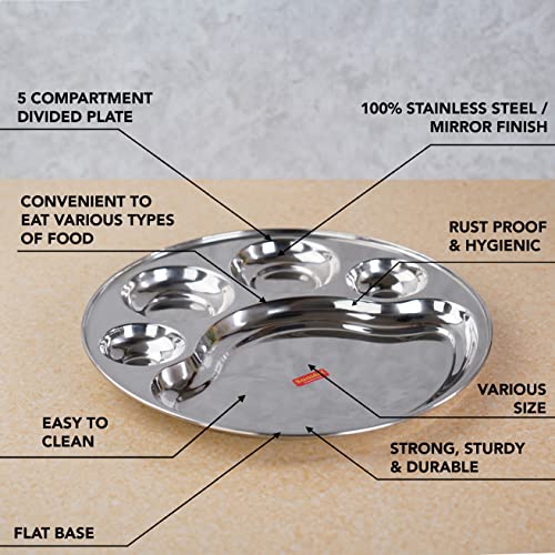 Sumeet Stainless Steel Round 5-in-1 Compartment Lunch/Dinner Plate/Thali Set | 3 Pieces - 31 cm | Durable, Ideal for Serving, Lunch and Dinner | Kitchenware for Home, Family Use, Bhojan Thali - Image 2