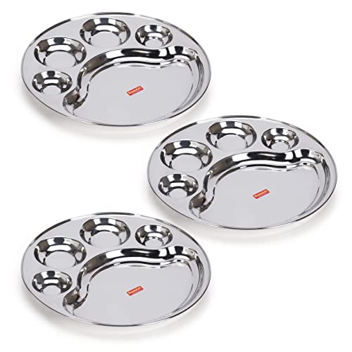 Sumeet Stainless Steel Round 5-in-1 Compartment Lunch/Dinner Plate/Thali Set | 3 Pieces - 31 cm | Durable, Ideal for Serving, Lunch and Dinner | Kitchenware for Home, Family Use, Bhojan Thali - Image 1