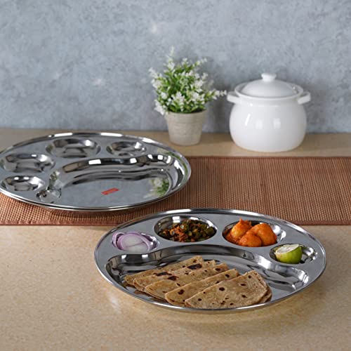 Sumeet Stainless Steel Round 5-in-1 Compartment Lunch/Dinner Plate/Thali Set | 3 Pieces - 31 cm | Durable, Ideal for Serving, Lunch and Dinner | Kitchenware for Home, Family Use, Bhojan Thali - Image 3