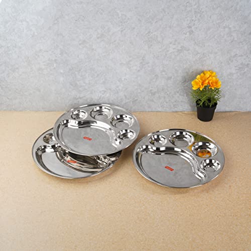 Sumeet Stainless Steel Round 5-in-1 Compartment Lunch/Dinner Plate/Thali Set | 3 Pieces - 31 cm | Durable, Ideal for Serving, Lunch and Dinner | Kitchenware for Home, Family Use, Bhojan Thali - Image 5