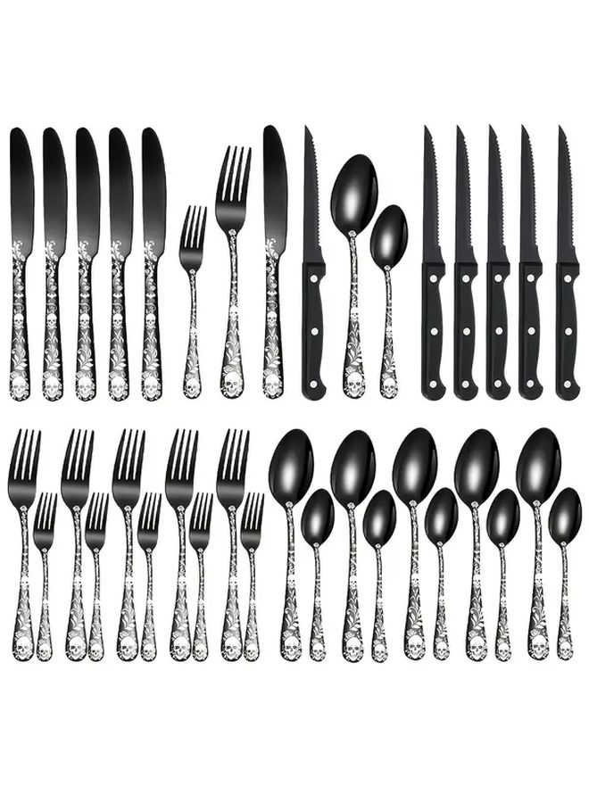 Black 24 Piece Gothic Skull Rose Stainless Steel Cutlery Set - Image 4