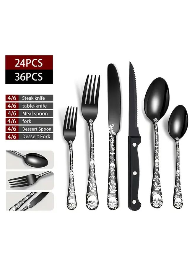 Black 24 Piece Gothic Skull Rose Stainless Steel Cutlery Set - Image 1