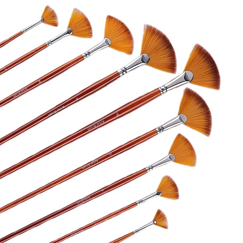 GACDR Fan Paint Brush Set of 9 Pcs Professional Artist Acrylic Paint Brushes Set with Long Wood Handles AntiShedding Nylon Hair for Acrylic Watercolor Oil PaintingRock Painting