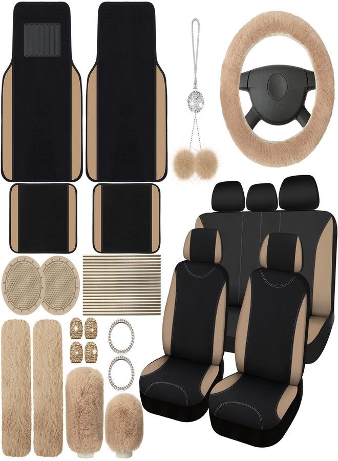 Woanger 47 Car Seat Cover Full Set for Women Included Car Front Rear Seat Fluffy Steering Wheel Cover Belt Automotive Floor Mats Air Conditioner Decoration Strip Universal(Beige) - Image 1