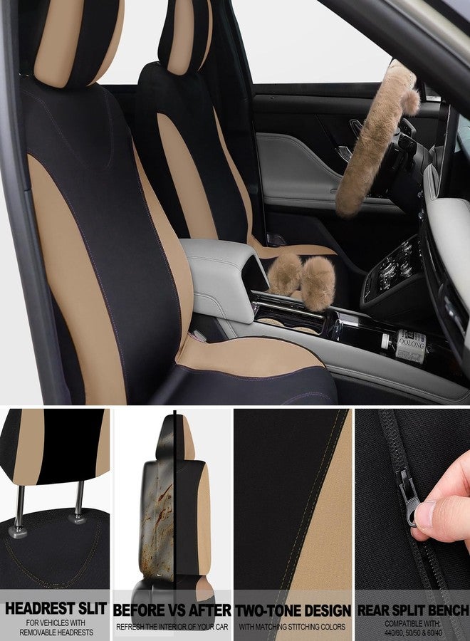 Woanger 47 Car Seat Cover Full Set for Women Included Car Front Rear Seat Fluffy Steering Wheel Cover Belt Automotive Floor Mats Air Conditioner Decoration Strip Universal(Beige) - Image 4