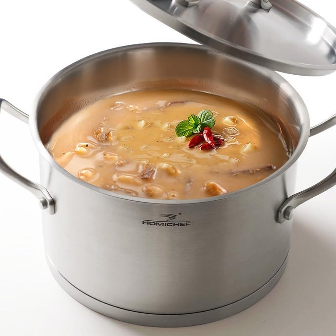35QT SILVER NICKEL FREE STAINLESS STEEL STOCKPOT WITH LID MATTE POLISHED 8 INCH WIDE 76MM THICK BASE NO NONSTICK COATING 45 LBS