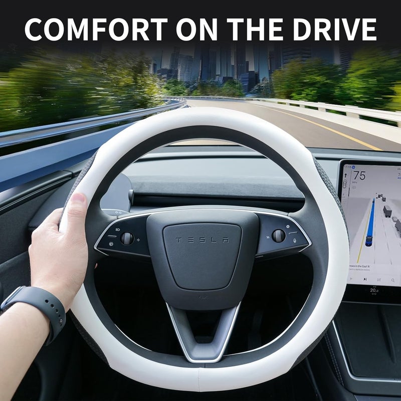 Uxcer غطاء عجلة قيادة من جلد نابا من شركة لطراز Tesla Model 3/Y (2016-2024)، مانع للانزلاق وقابل للتنفس، لون أبيض - Image 3
