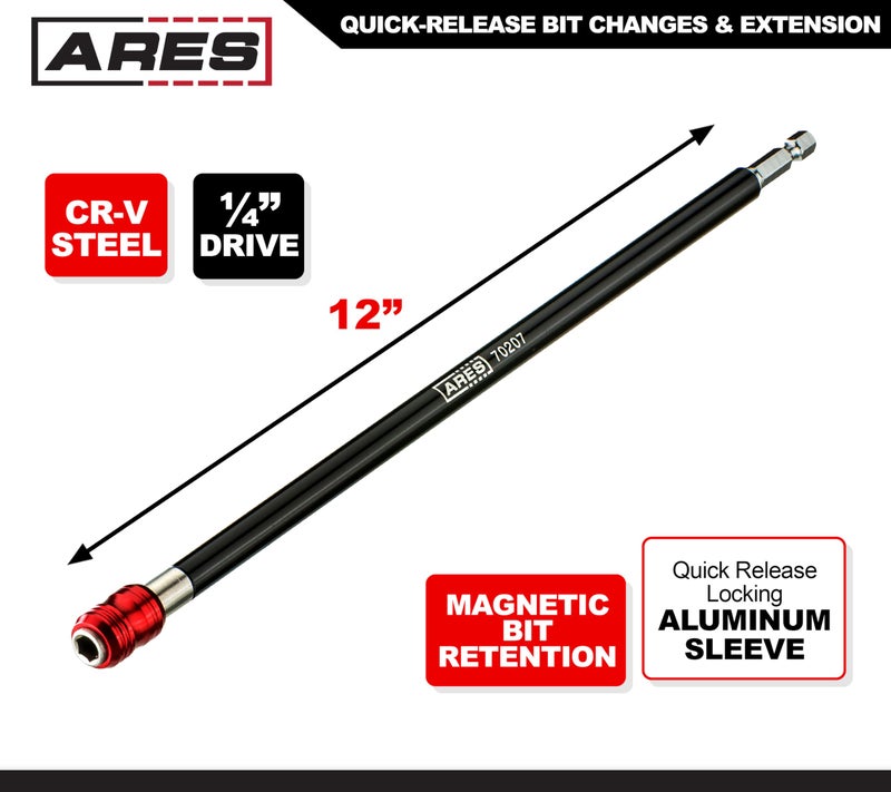 ARES 70207 - Drill Extension Bit Holder - 12-Inch Quick Release - Works With All 1/4-Inch Drive Bits - Quick Release Mechanism Makes Changing Bits a Breeze - Image 2