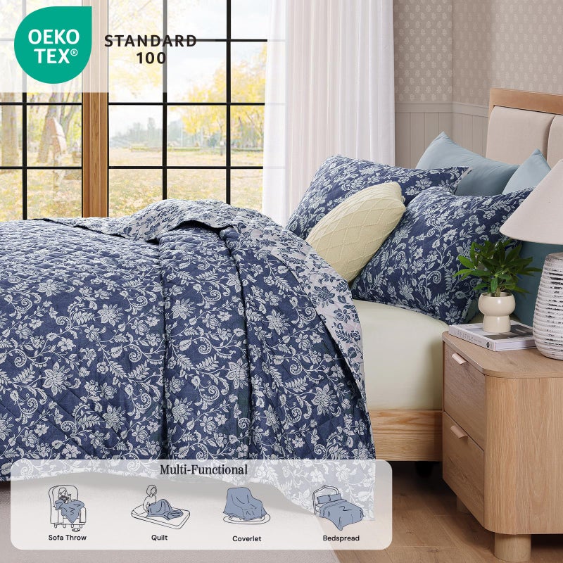 BLOOMHAVEN Quilt Set Queen Size, Oxford Blue Floral Quilt Sets, Reversible Bedspread Lightweight and Breathable for All Seasons, Soft Quilted Bedspread with 2 Pillow Shams - Image 4