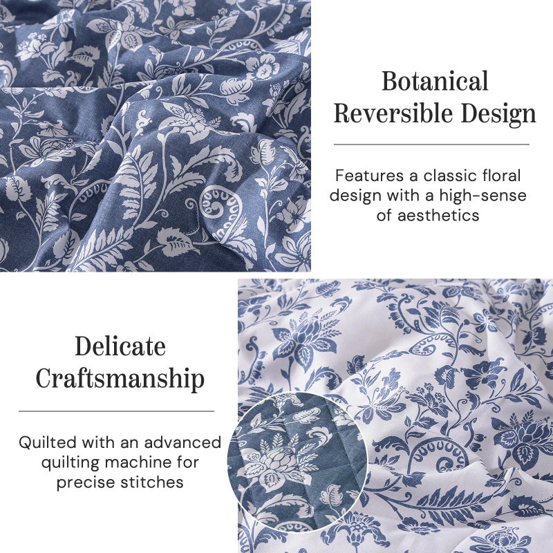 BLOOMHAVEN Quilt Set Queen Size, Oxford Blue Floral Quilt Sets, Reversible Bedspread Lightweight and Breathable for All Seasons, Soft Quilted Bedspread with 2 Pillow Shams - Image 3