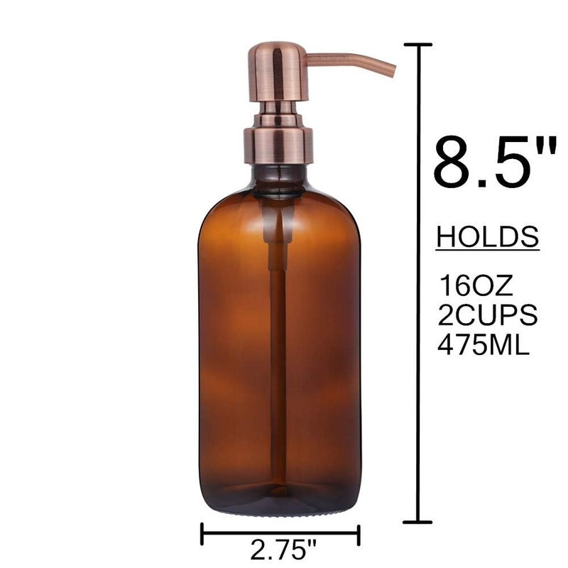CHBJDAN 2 Pack Thick Amber Glass Pint Jar Soap Dispenser with Copper Stainless Steel Pump, 16ounce Boston Round Bottles Dispenser with Rustproof Pump for Essential Oil, Lotion Soap - Image 5