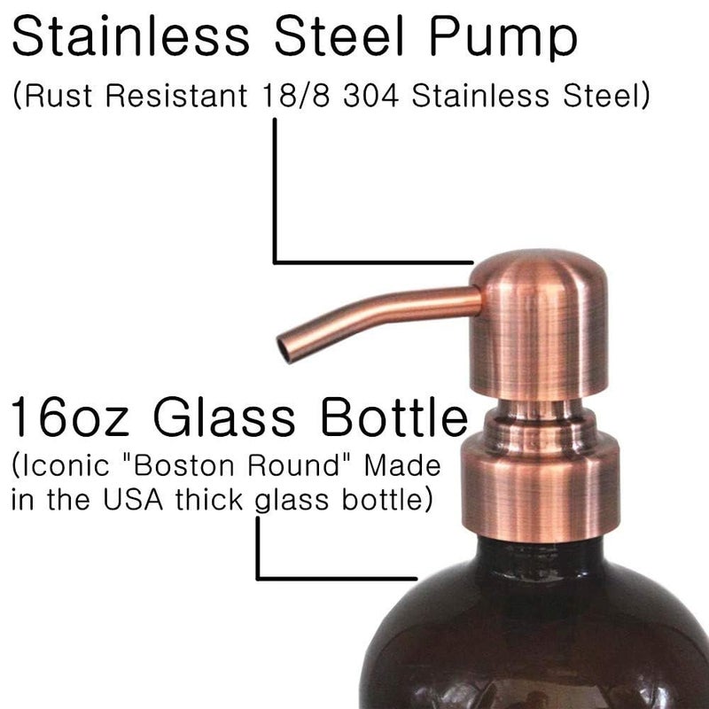 CHBJDAN 2 Pack Thick Amber Glass Pint Jar Soap Dispenser with Copper Stainless Steel Pump, 16ounce Boston Round Bottles Dispenser with Rustproof Pump for Essential Oil, Lotion Soap - Image 4