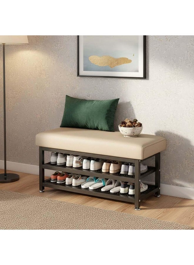طعم المنزل مقعد حامل أحذية من طبقتين - منظم أحذية معدني عالي التحمل مع مقعد مبطن ناعم، وخزانة أحذية موفرة للمساحة عند المدخل ومسند قدم عثماني للتخزين للممر وغرفة النوم وغرفة المعيشة والمكتب - Image 3