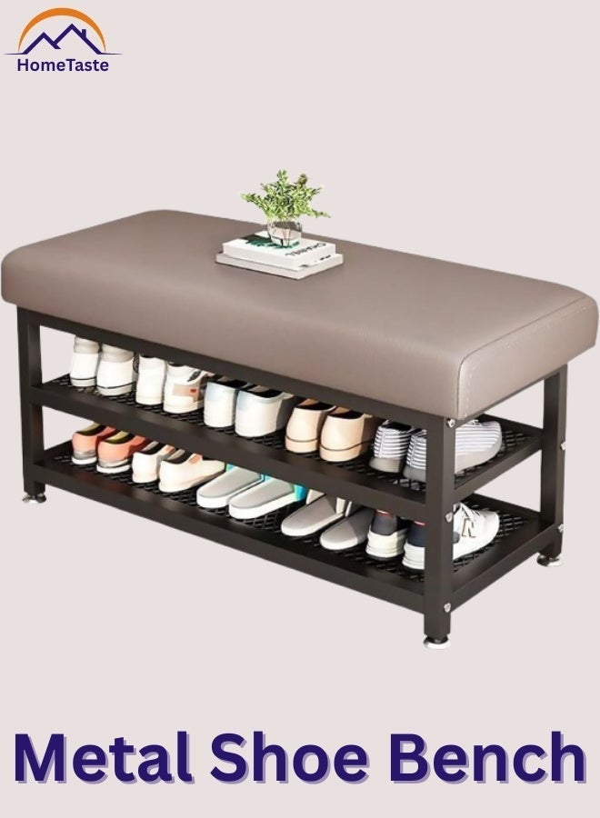 طعم المنزل مقعد حامل أحذية من طبقتين - منظم أحذية معدني عالي التحمل مع مقعد مبطن ناعم، وخزانة أحذية موفرة للمساحة عند المدخل ومسند قدم عثماني للتخزين للممر وغرفة النوم وغرفة المعيشة والمكتب - Image 2