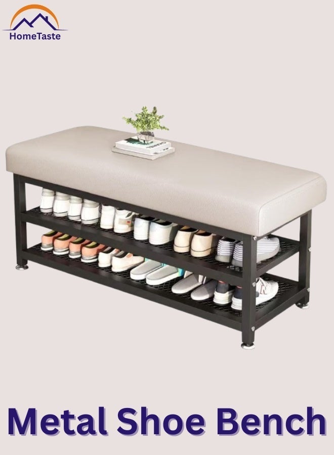 طعم المنزل مقعد حامل أحذية من طبقتين - منظم أحذية معدني عالي التحمل مع مقعد مبطن ناعم، وخزانة أحذية موفرة للمساحة عند المدخل ومسند قدم عثماني للتخزين للممر وغرفة النوم وغرفة المعيشة والمكتب - Image 1