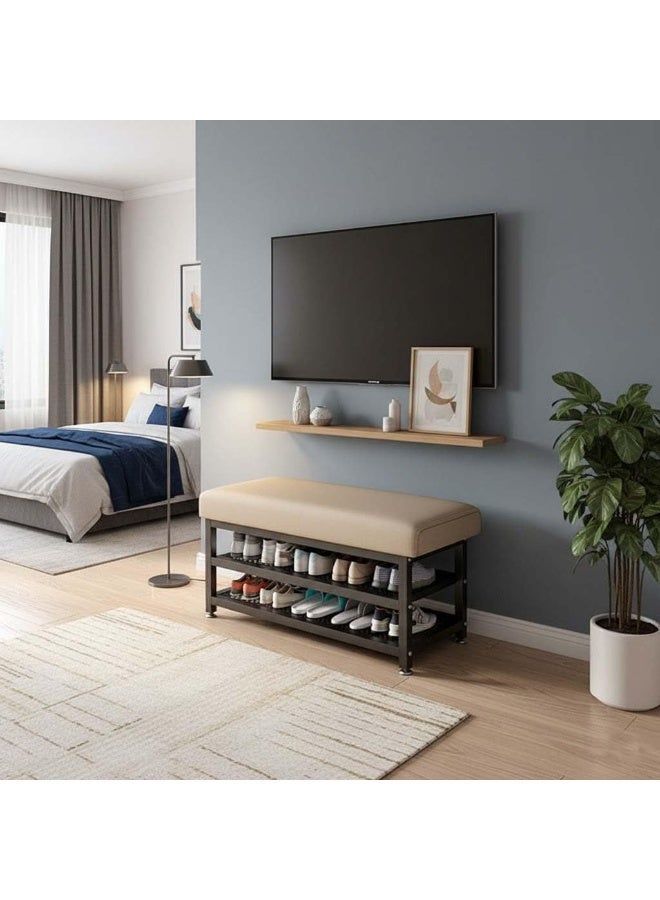 طعم المنزل مقعد حامل أحذية من طبقتين - منظم أحذية معدني عالي التحمل مع مقعد مبطن ناعم، وخزانة أحذية موفرة للمساحة عند المدخل ومسند قدم عثماني للتخزين للممر وغرفة النوم وغرفة المعيشة والمكتب - Image 5