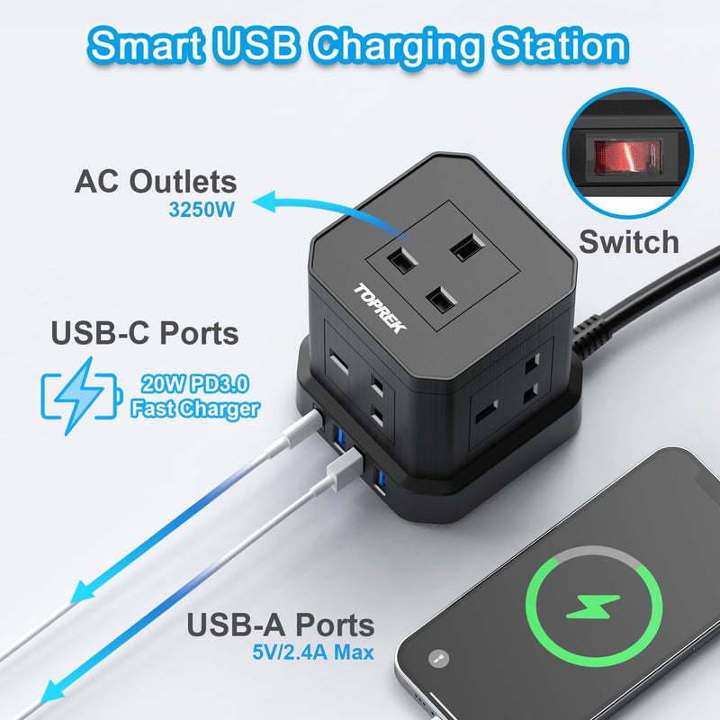 Cube Extension Lead with USB Slots, 5 Way Power Strip with 5 AC Outlet 4 USB (USB-C 20W PD3.0 Fast Charger) 1 Switch, 2M Extension Cord, 3250W/13A, UK Power Strip for Desk Home Office Travel - Image 5