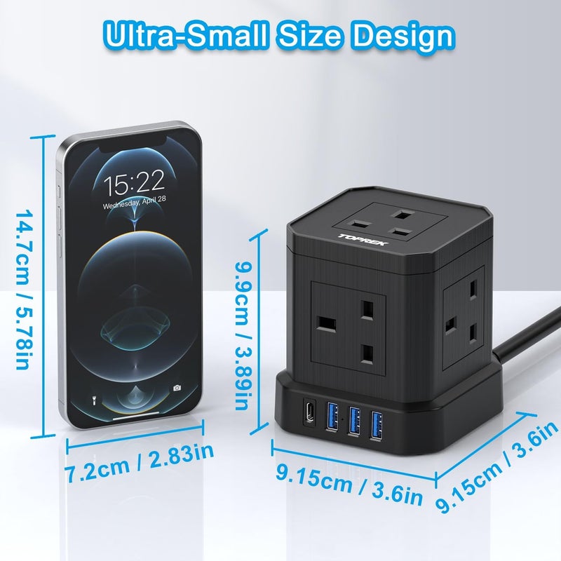 Cube Extension Lead with USB Slots, 5 Way Power Strip with 5 AC Outlet 4 USB (USB-C 20W PD3.0 Fast Charger) 1 Switch, 2M Extension Cord, 3250W/13A, UK Power Strip for Desk Home Office Travel - Image 3