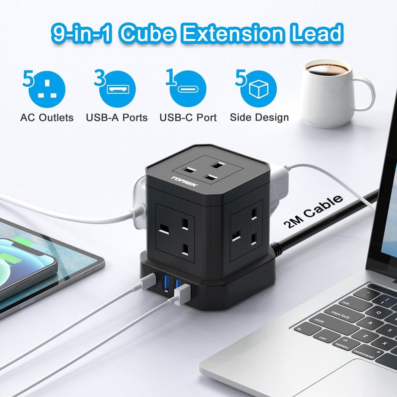 Cube Extension Lead with USB Slots, 5 Way Power Strip with 5 AC Outlet 4 USB (USB-C 20W PD3.0 Fast Charger) 1 Switch, 2M Extension Cord, 3250W/13A, UK Power Strip for Desk Home Office Travel - Image 2