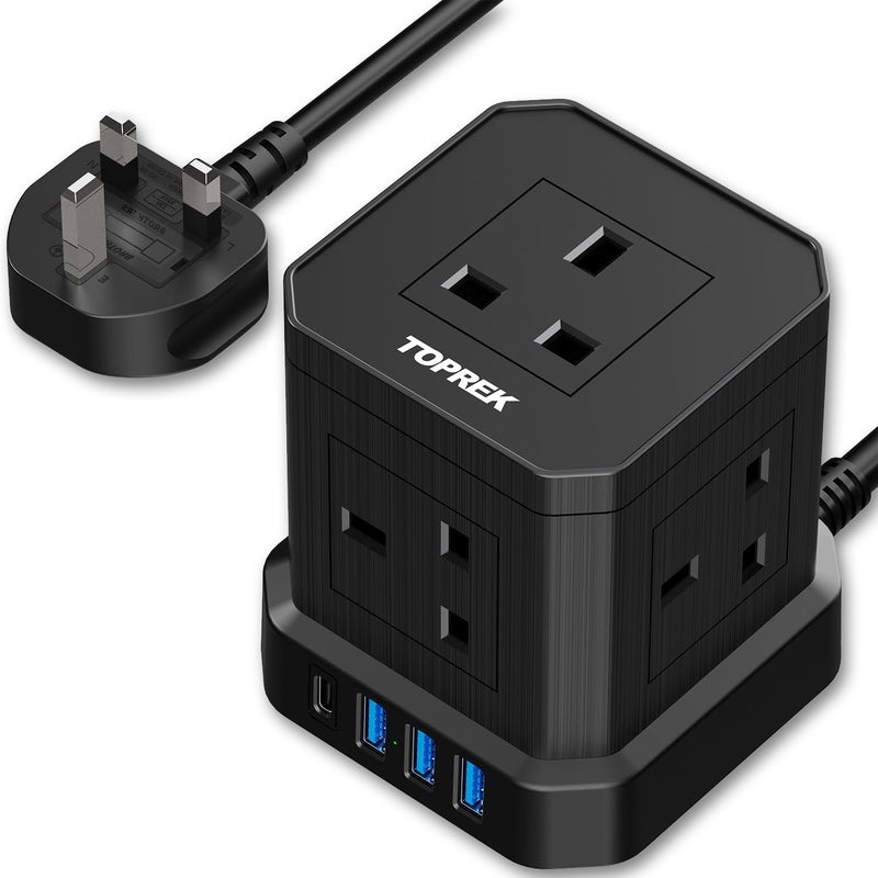 Cube Extension Lead with USB Slots, 5 Way Power Strip with 5 AC Outlet 4 USB (USB-C 20W PD3.0 Fast Charger) 1 Switch, 2M Extension Cord, 3250W/13A, UK Power Strip for Desk Home Office Travel - Image 1