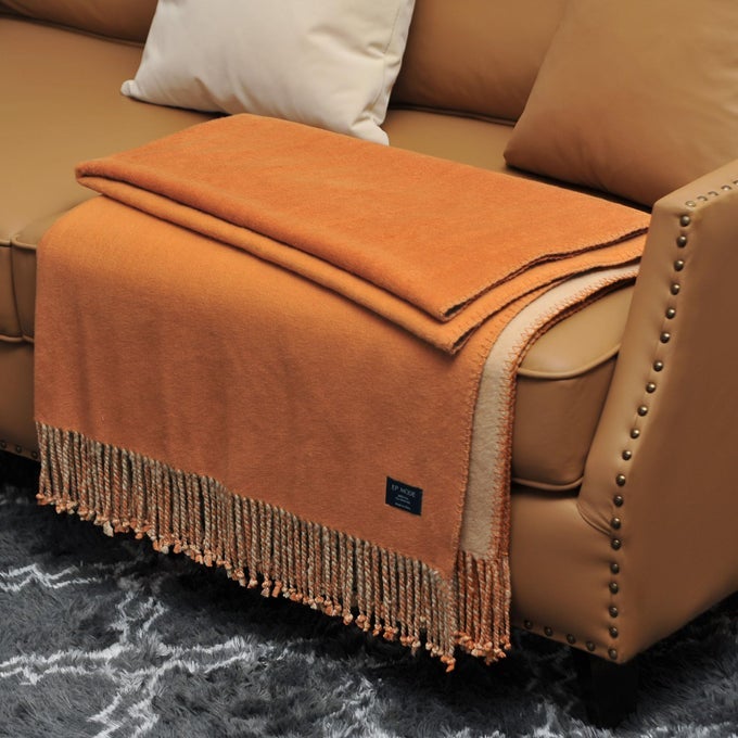 REVERSIBLE FRINGED MULBERRY SILK THROW BLANKET FOR SOFA CARAMELBEIGE