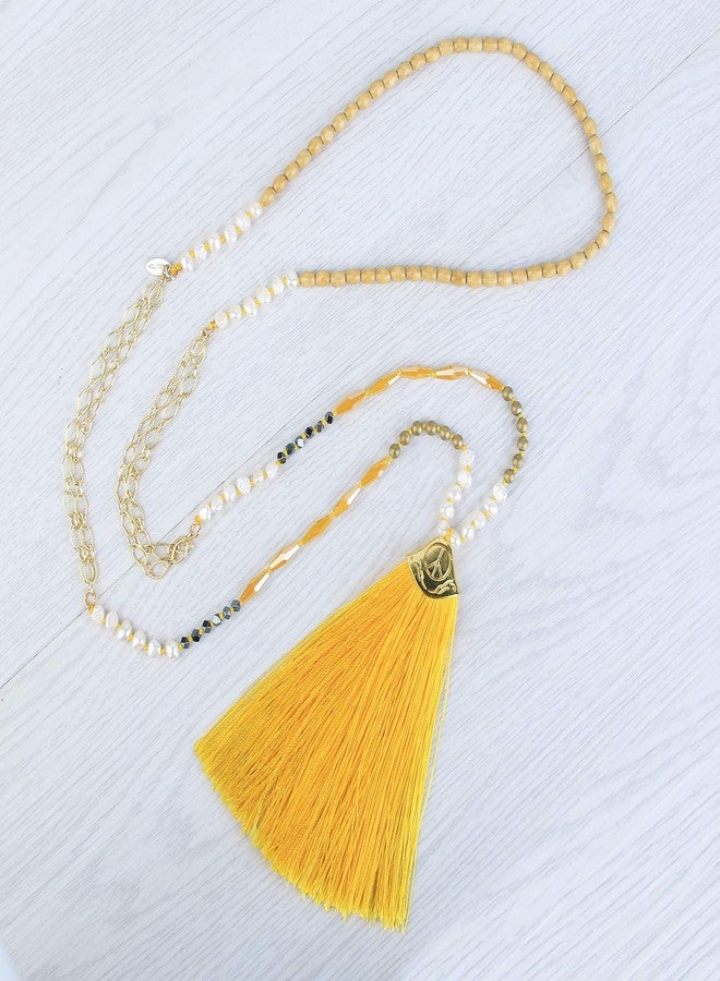 KELITCH Tassel Necklace Peace Sign Pendant Necklace Women Pearl Crystal Strand Necklace (Yellow 4D) - Image 3