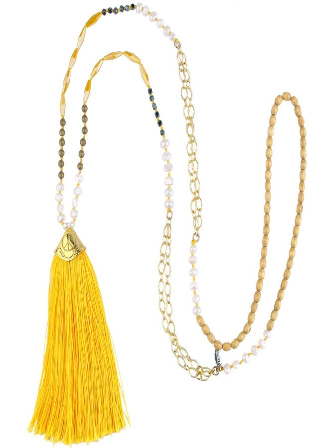KELITCH Tassel Necklace Peace Sign Pendant Necklace Women Pearl Crystal Strand Necklace (Yellow 4D) - Image 1
