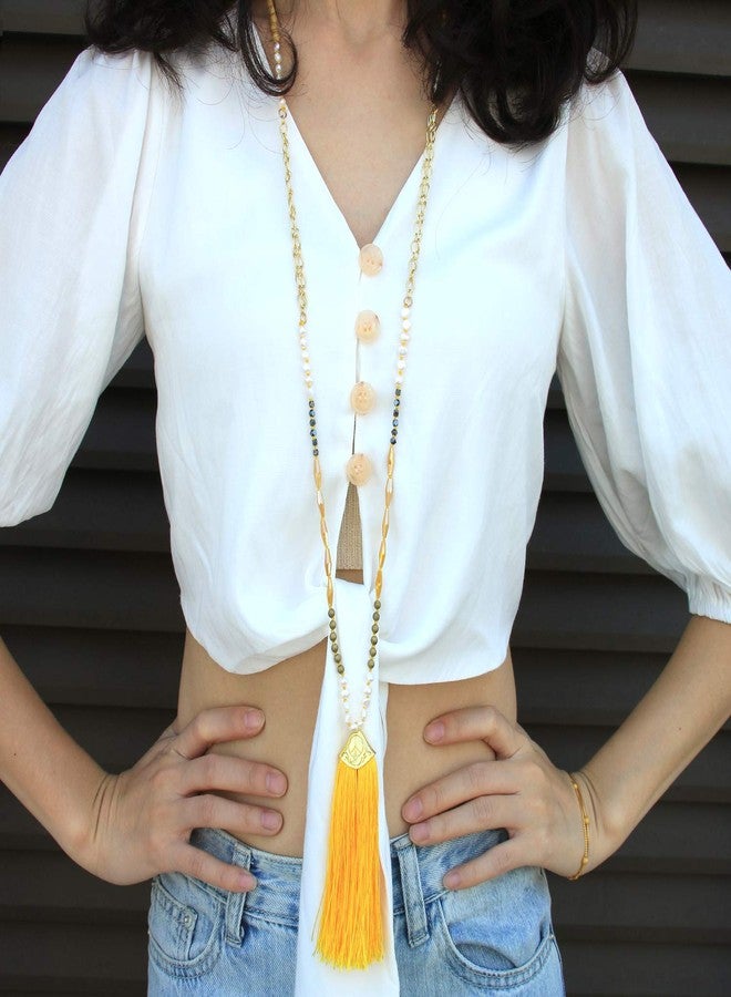 KELITCH Tassel Necklace Peace Sign Pendant Necklace Women Pearl Crystal Strand Necklace (Yellow 4D) - Image 2