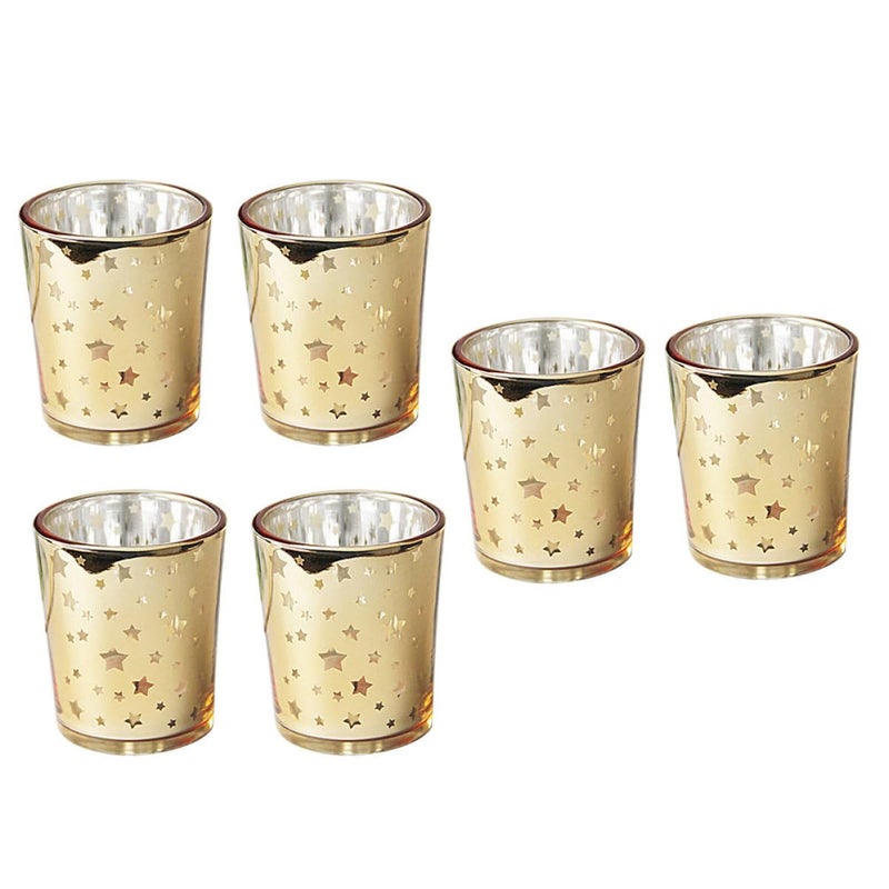 Gold Hollow Star Glass Candle Holder Set 6Pcs European Style Votive Cups for Romantic Dining Table Decor - Image 2